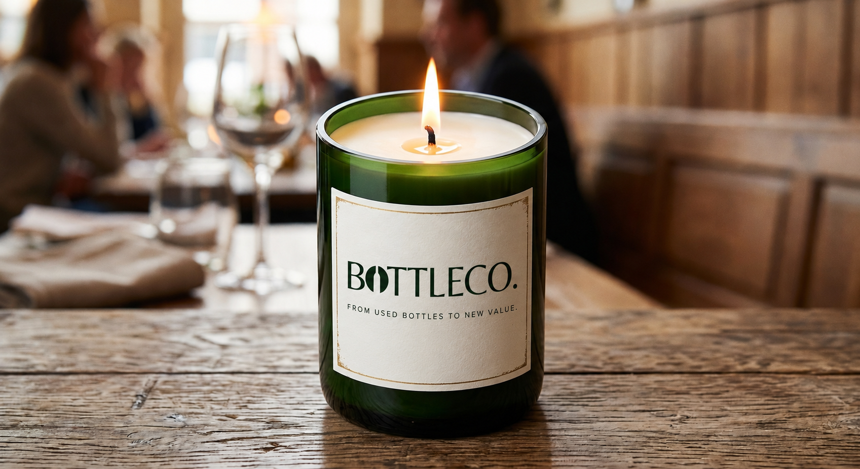 Kaars in een fles met gepersonaliseerd restaurantetiket